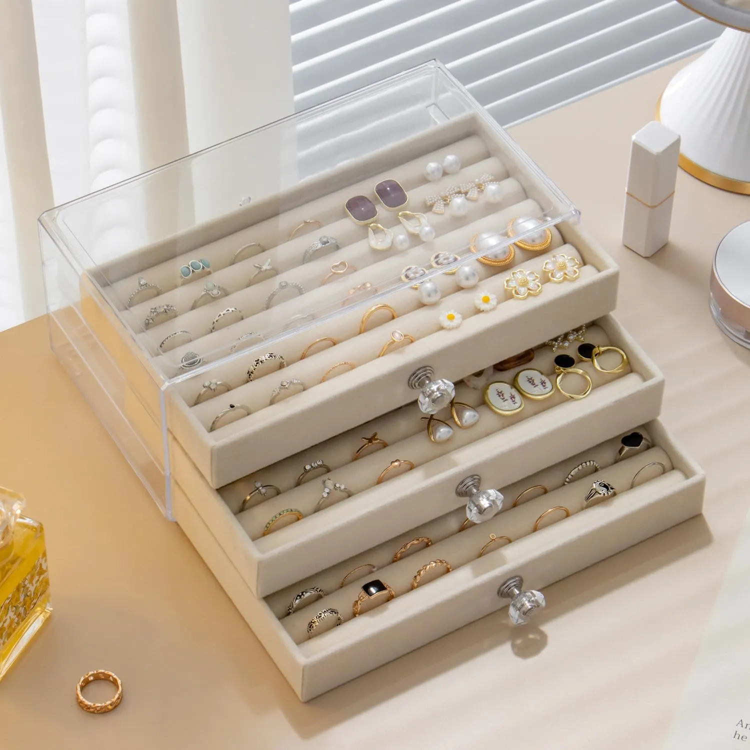 Ring Box Display Holder, Clear Velvet Jewelry Storage Tray Organizer for Ring Stud Earring (Beige - 3 Drawers)