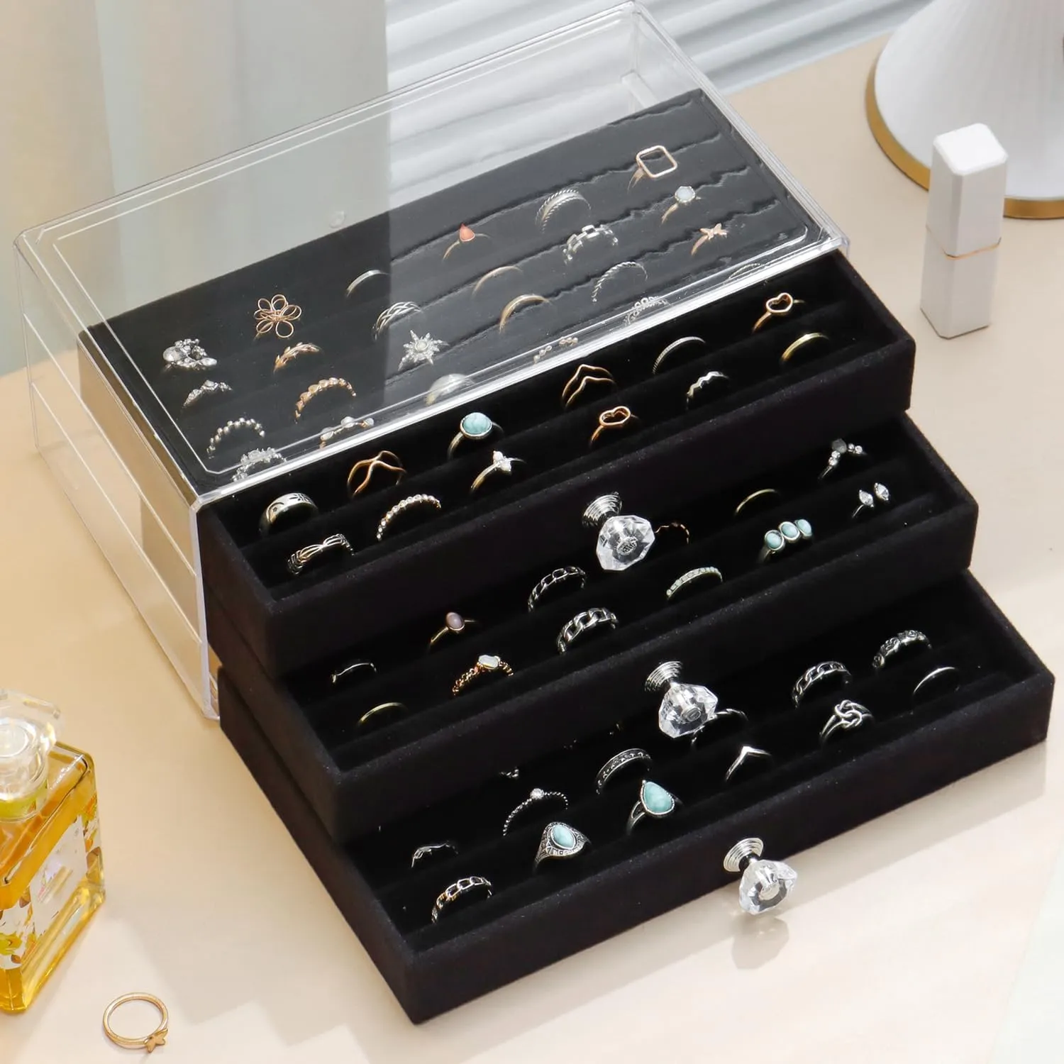 Ring Box Display Holder, Clear Velvet Jewelry Storage Tray Organizer for Ring Stud Earring (Black - 3 Drawers)