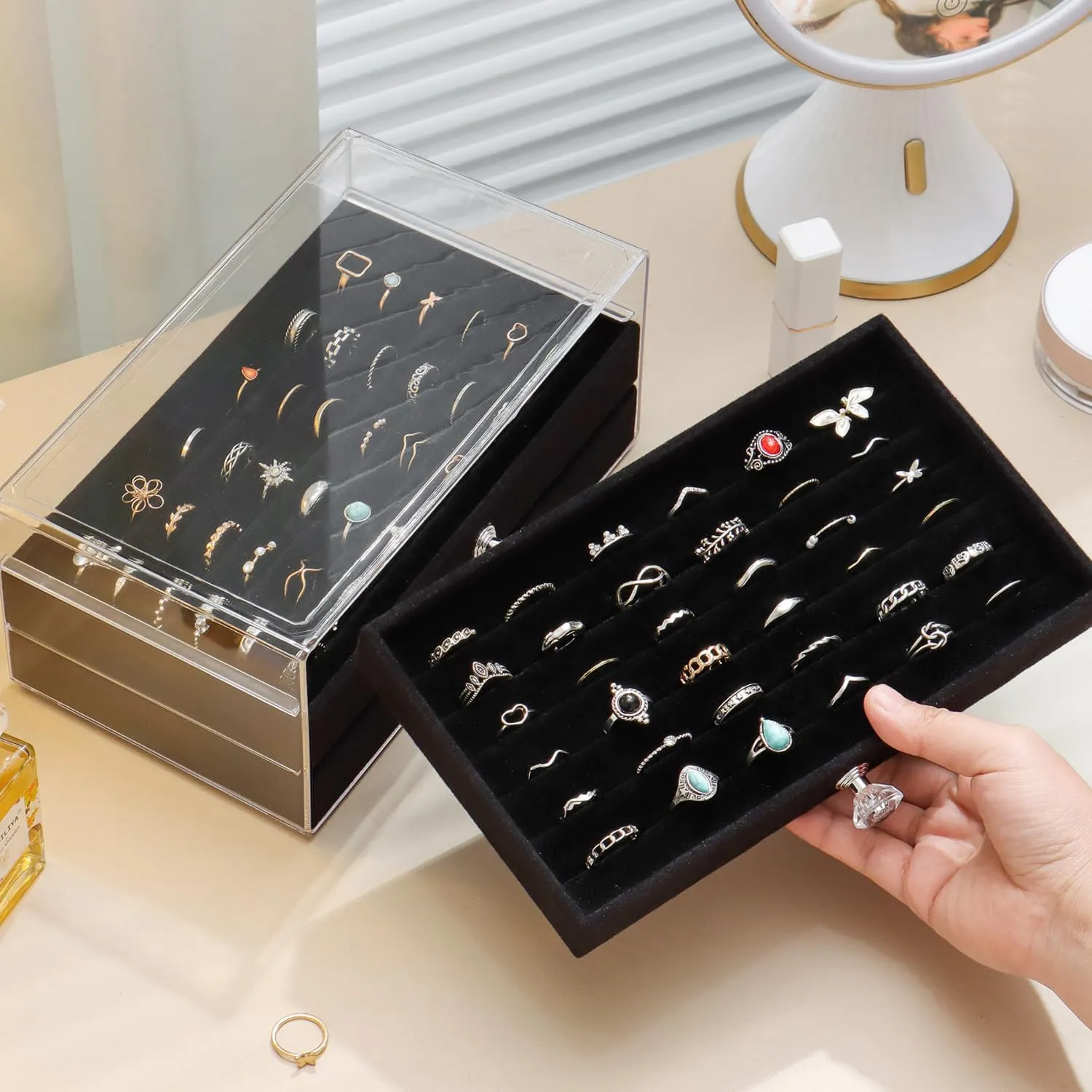 Ring Box Display Holder, Clear Velvet Jewelry Storage Tray Organizer for Ring Stud Earring (Black - 3 Drawers)