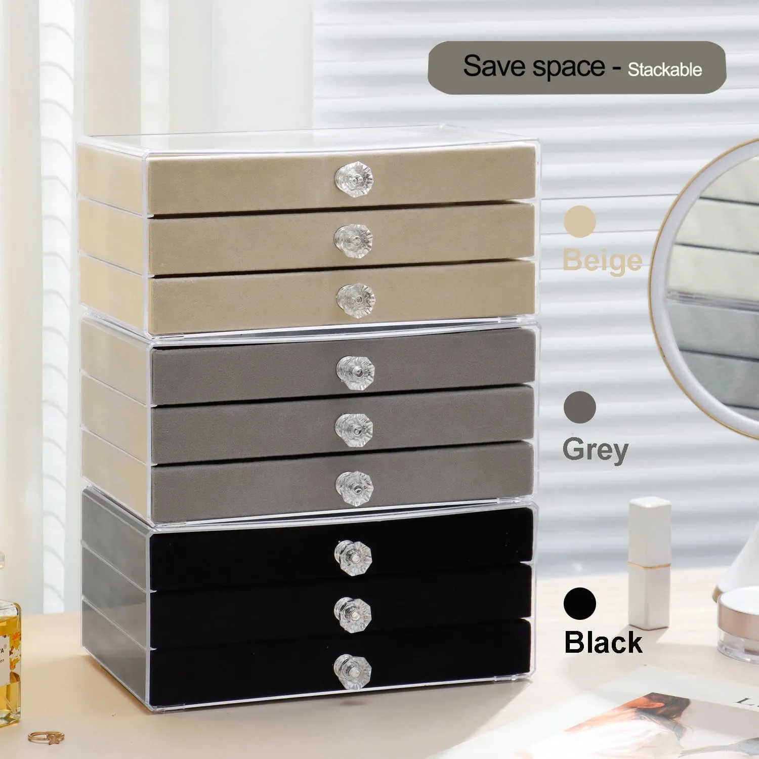 Ring Box Display Holder, Clear Velvet Jewelry Storage Tray Organizer for Ring Stud Earring (Black - 3 Drawers)