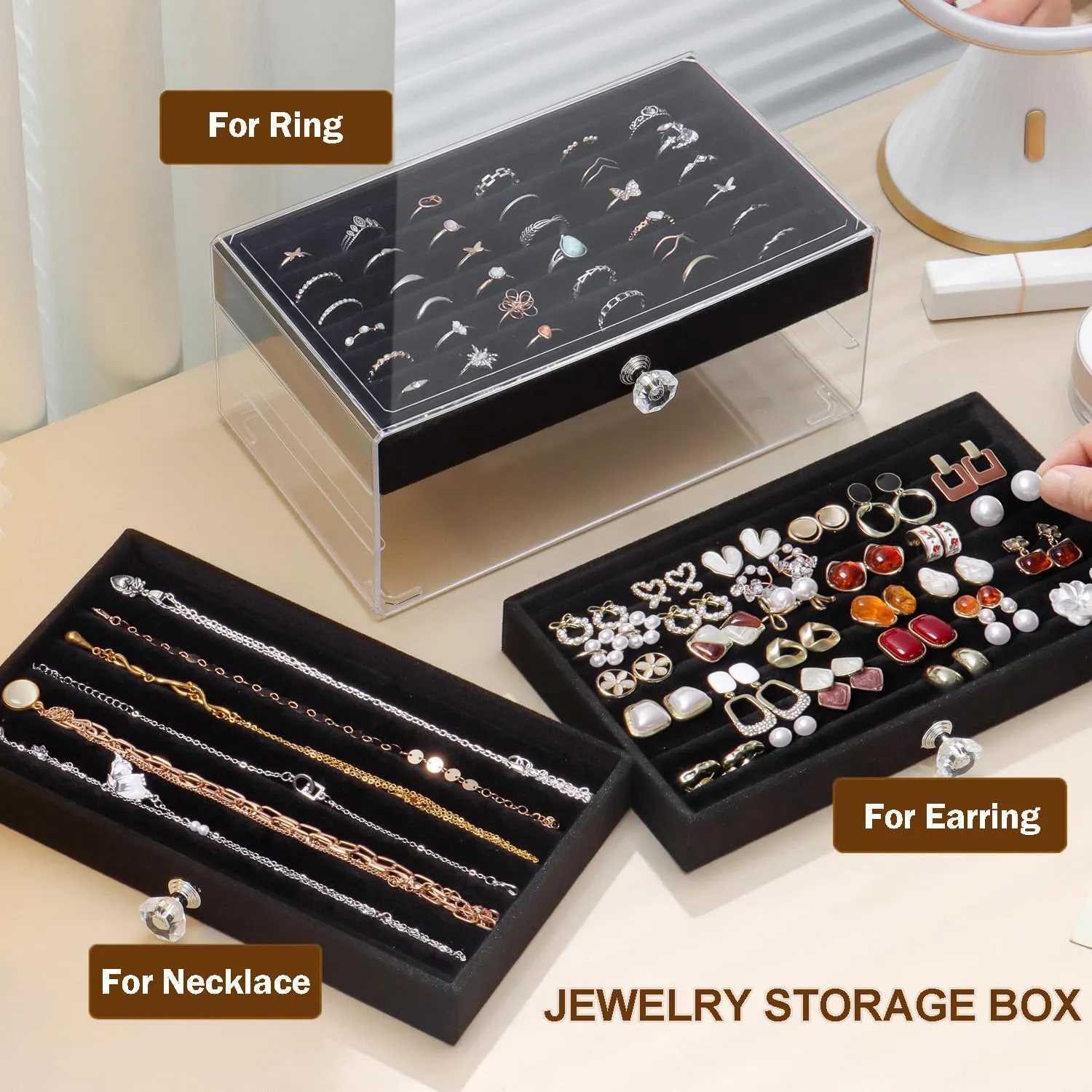 Ring Box Display Holder, Clear Velvet Jewelry Storage Tray Organizer for Ring Stud Earring (Black - 3 Drawers)