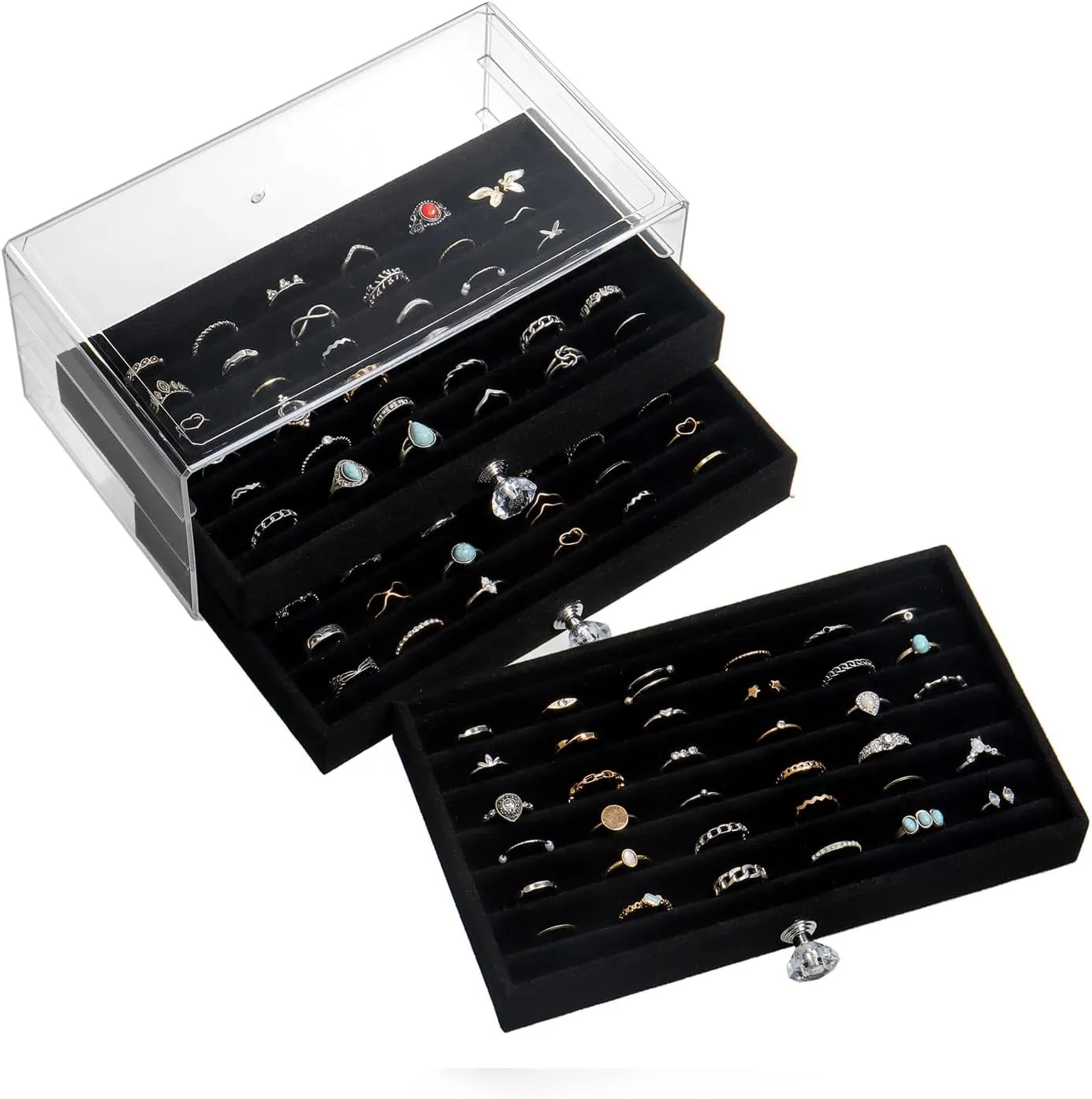 Ring Box Display Holder, Clear Velvet Jewelry Storage Tray Organizer for Ring Stud Earring (Black - 3 Drawers)