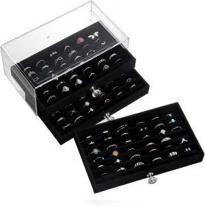 Ring Box Display Holder, Clear Velvet Jewelry Storage Tray Organizer for Ring Stud Earring (Black - 3 Drawers)