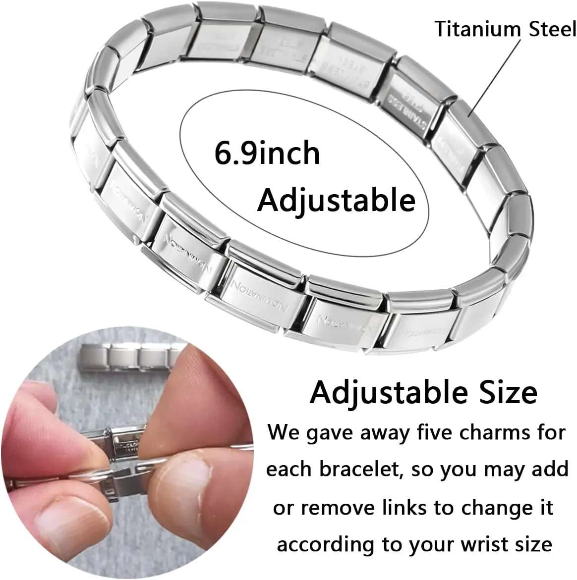 RINHOO 9mm Italian Starter Charm Bracelet Starting Italian Charm Bracelet Link Square Silver Interlocking Stainless Steel Modular Links