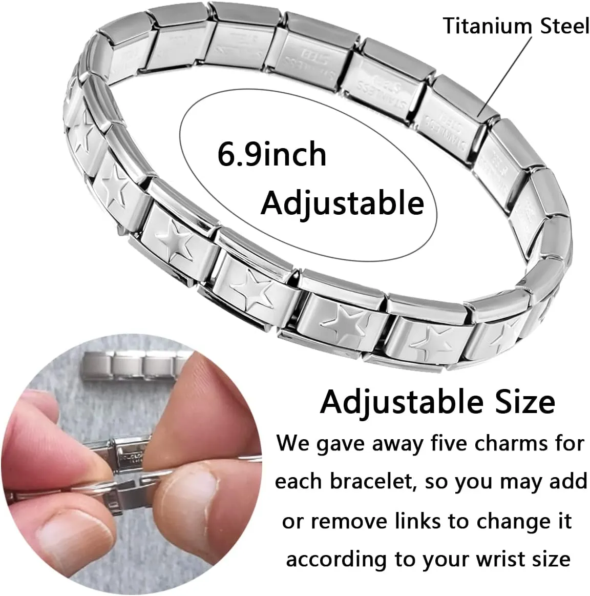RINHOO 9mm Italian Starter Charm Bracelet Starting Italian Charm Bracelet Link Square Silver Interlocking Stainless Steel Modular Links