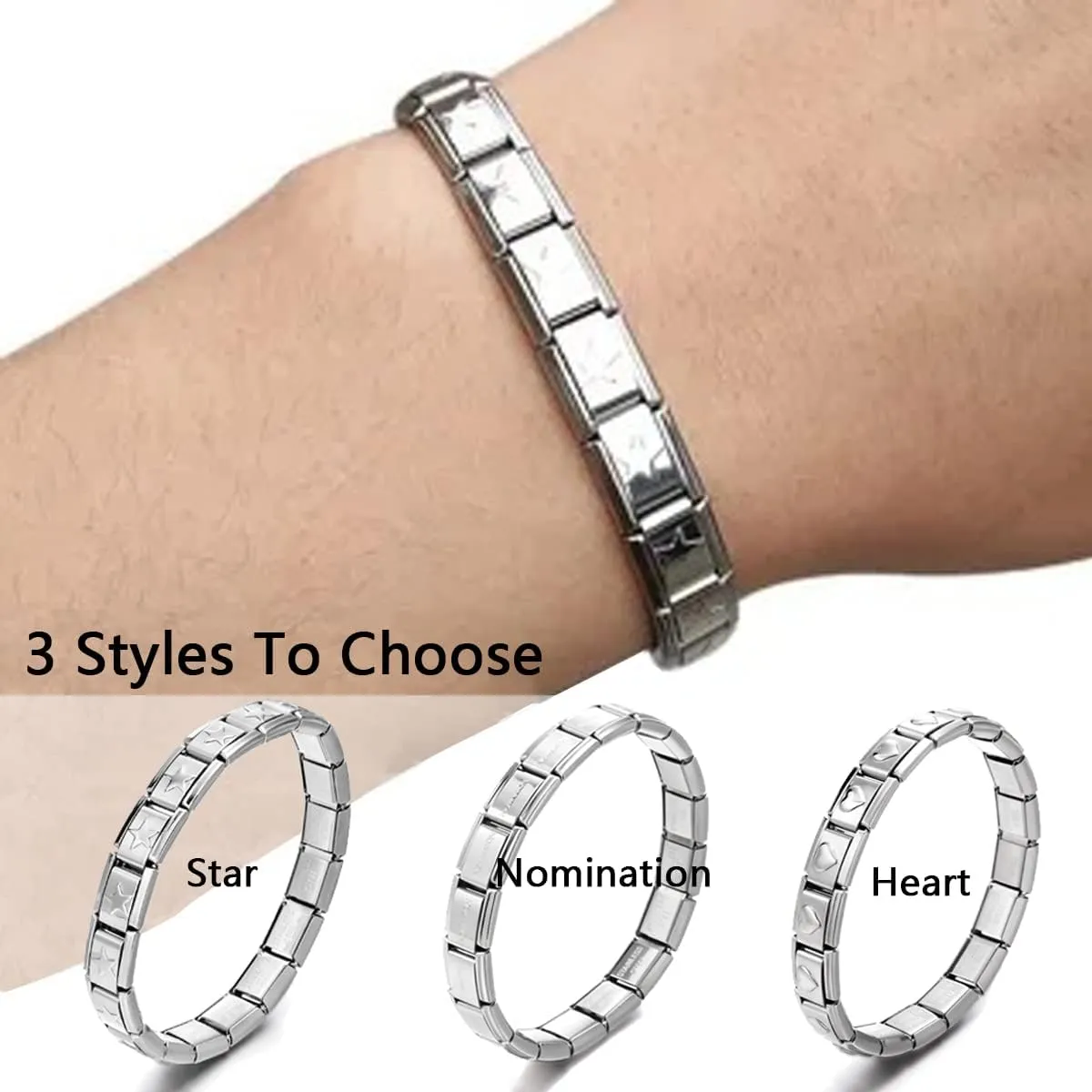 RINHOO 9mm Italian Starter Charm Bracelet Starting Italian Charm Bracelet Link Square Silver Interlocking Stainless Steel Modular Links