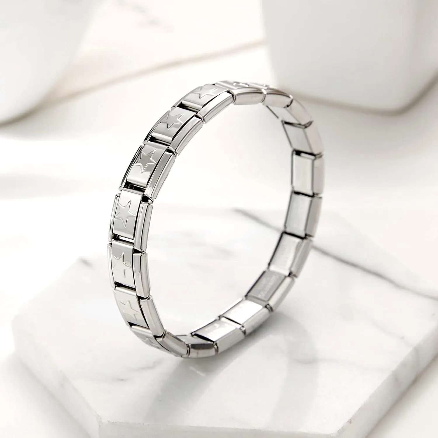 RINHOO 9mm Italian Starter Charm Bracelet Starting Italian Charm Bracelet Link Square Silver Interlocking Stainless Steel Modular Links