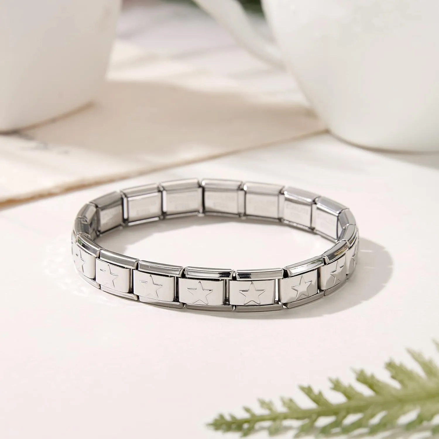 RINHOO 9mm Italian Starter Charm Bracelet Starting Italian Charm Bracelet Link Square Silver Interlocking Stainless Steel Modular Links