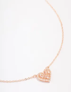 Rose Gold Plated Cubic Zirconia Baguette Heart Pendant Necklace