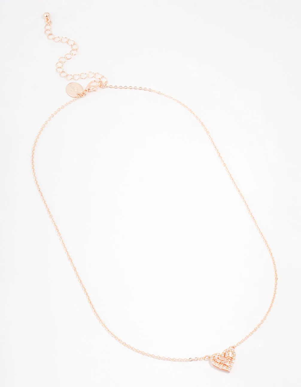 Rose Gold Plated Cubic Zirconia Baguette Heart Pendant Necklace