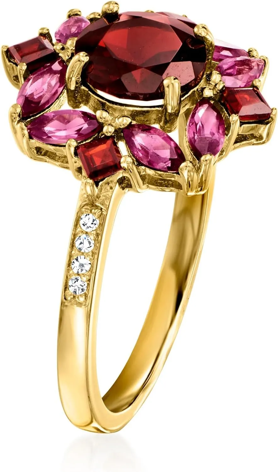 Ross-Simons 1.90 ct. t.w. Garnet and .80 ct. t.w. Rhodolite Garnet Ring With .10 ct. t.w. White Topaz in 18kt Gold Over Sterling