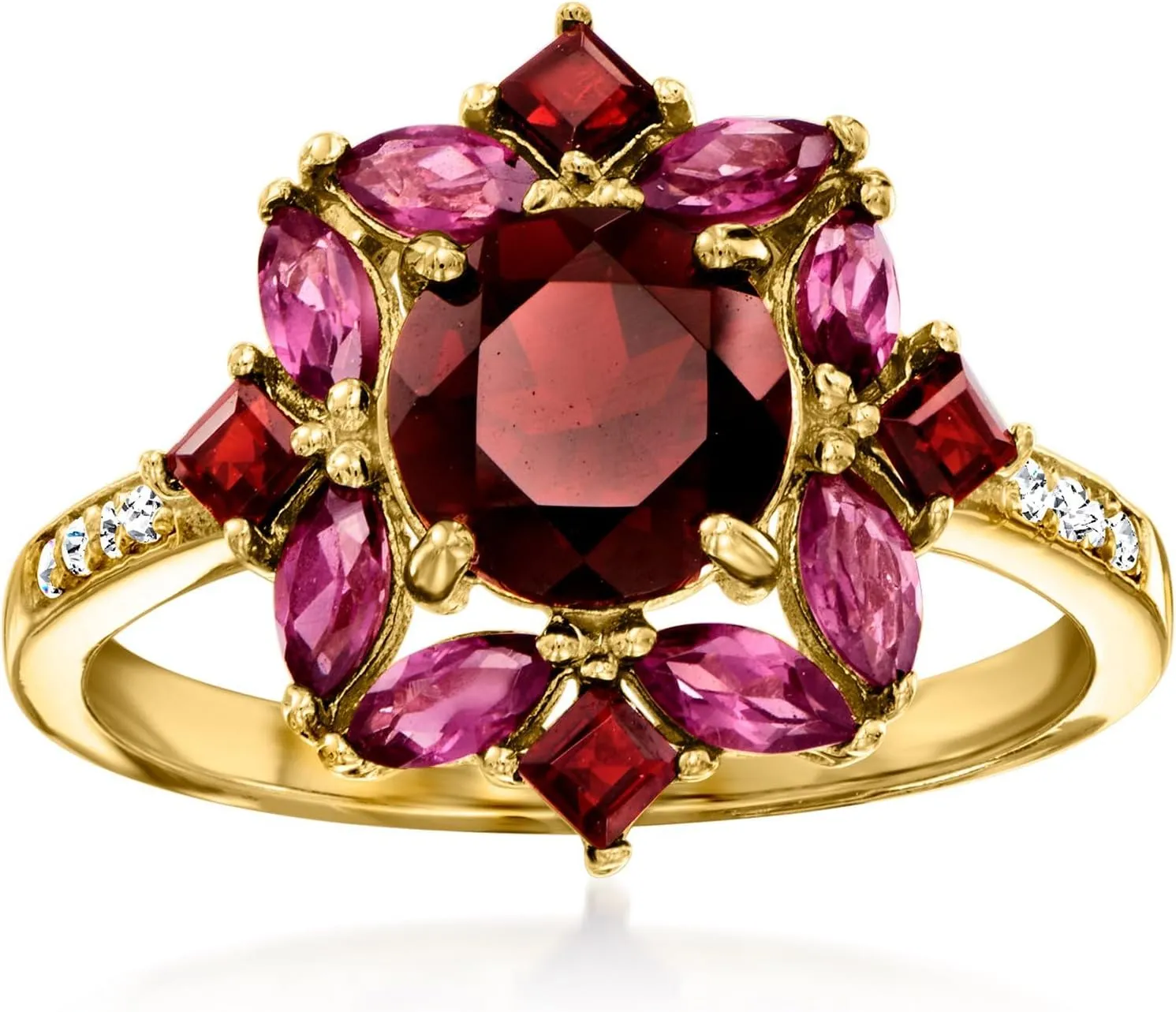 Ross-Simons 1.90 ct. t.w. Garnet and .80 ct. t.w. Rhodolite Garnet Ring With .10 ct. t.w. White Topaz in 18kt Gold Over Sterling