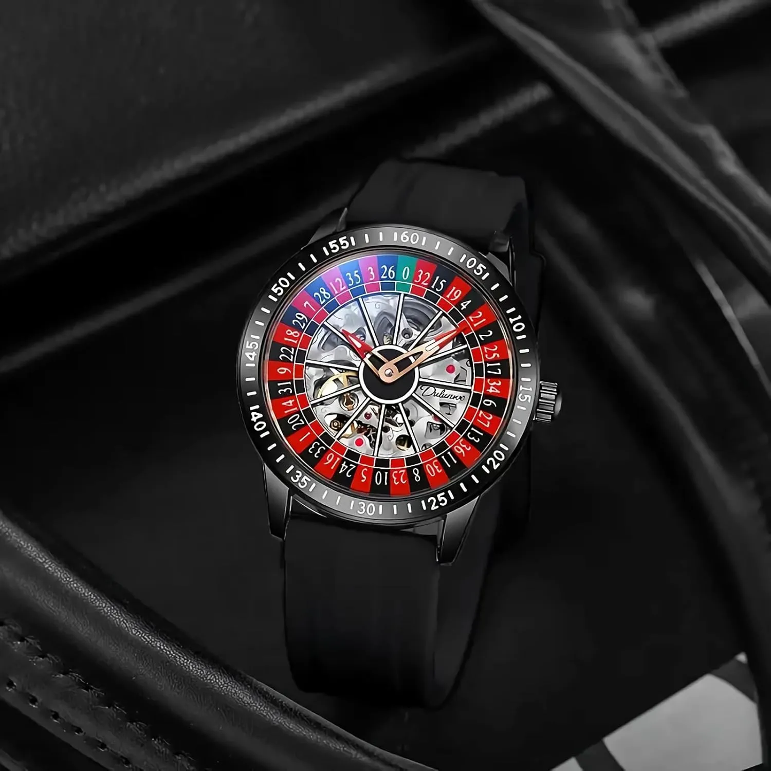Roulette Wheel Automatic Watches for Men Rotating Dial Design Hollow Out Waterproof Mens Unique Style Mechanical Watch