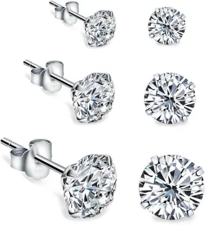 Round Clear Cubic Zirconia Sterling Silver Stud Earrings for Women Girls Cartilage Hypoallergenic Mini Diamond CZ Huggie Piercings Post 2mm 3mm 4mm Set