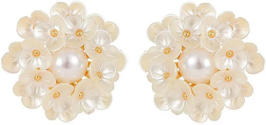 Round Flower Shell Pearl Stud Earrings for Women Girls 925 Sterling Silver Post Pin Dainty White Hydrangea Clover Cluster Leaf Blossom Elegant Wedding Birthday Holiday Jewelry Gifts
