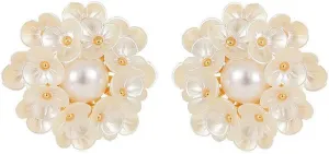 Round Flower Shell Pearl Stud Earrings for Women Girls 925 Sterling Silver Post Pin Dainty White Hydrangea Clover Cluster Leaf Blossom Elegant Wedding Birthday Holiday Jewelry Gifts