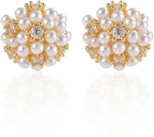 Round Pearl Flower Stud Earrings for Women Sterling Silver Post Gold-Tone CZ Crystal Shell Pearl Cluster Bouquet Ball Small Studs Cartilage Earring Elegant Wedding Holiday Jewelry Gifts