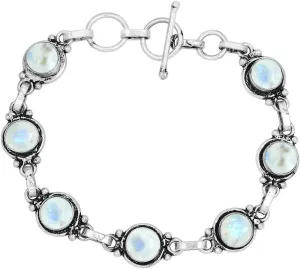 Round Shape Natural & Synthetic Gemstones Silver Plated Bracelets for Women - Vintage Bohemian Style Handmade Birthstone Adjustable Link Bracelet Jewelry Gifts for Wedding Anniversary Mother's Day