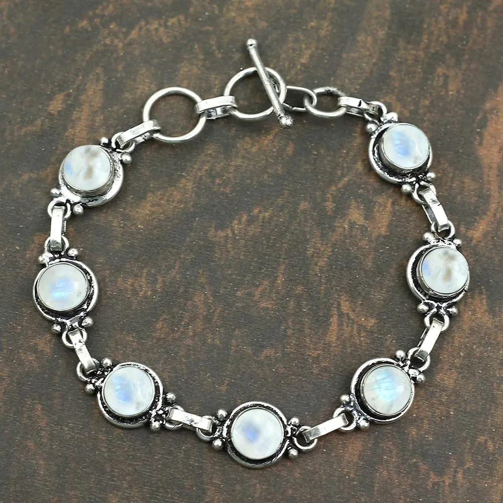 Round Shape Natural & Synthetic Gemstones Silver Plated Bracelets for Women - Vintage Bohemian Style Handmade Birthstone Adjustable Link Bracelet Jewelry Gifts for Wedding Anniversary Mother's Day