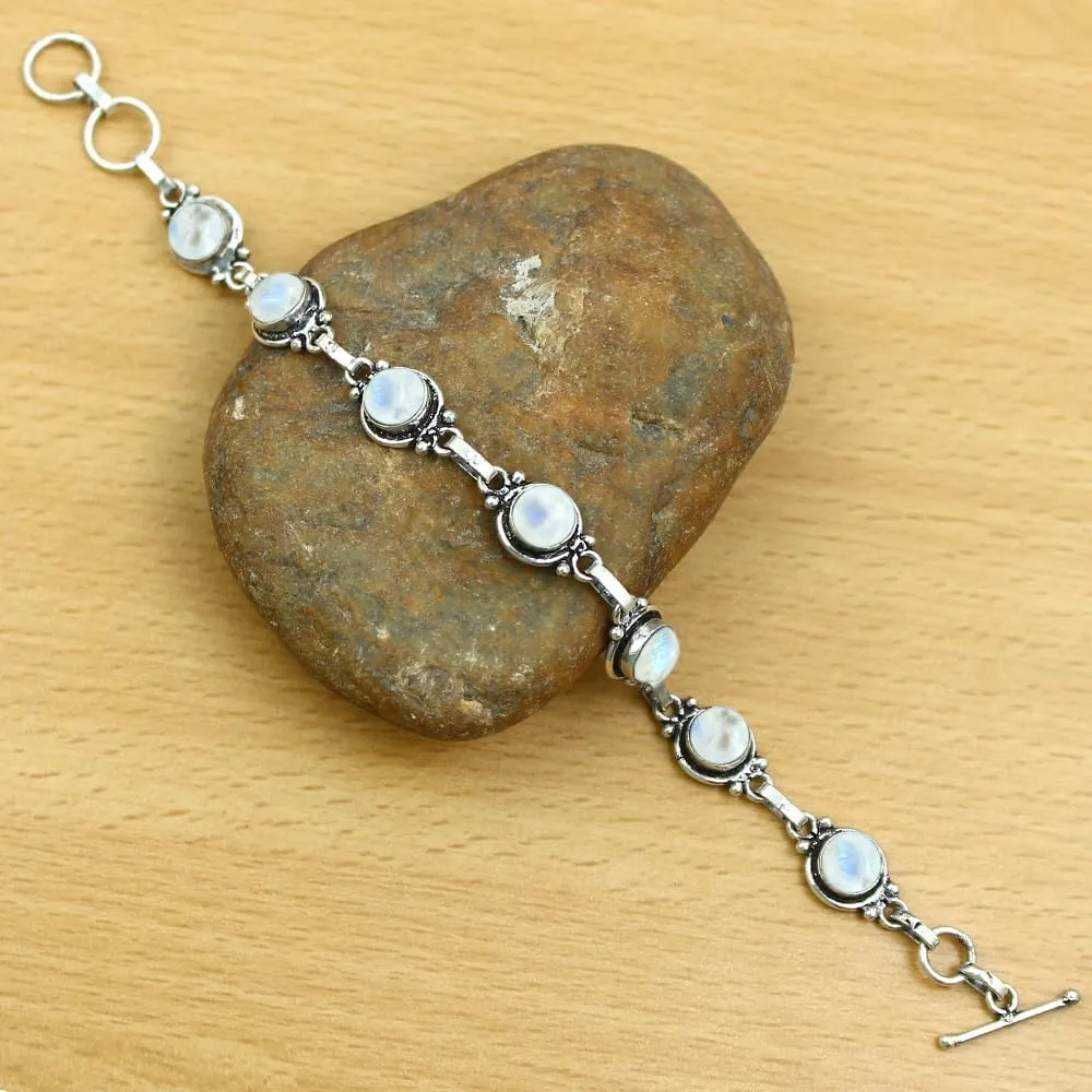 Round Shape Natural & Synthetic Gemstones Silver Plated Bracelets for Women - Vintage Bohemian Style Handmade Birthstone Adjustable Link Bracelet Jewelry Gifts for Wedding Anniversary Mother's Day