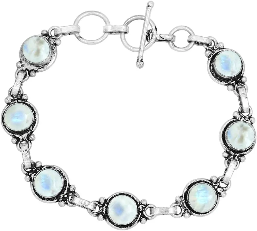 Round Shape Natural & Synthetic Gemstones Silver Plated Bracelets for Women - Vintage Bohemian Style Handmade Birthstone Adjustable Link Bracelet Jewelry Gifts for Wedding Anniversary Mother's Day