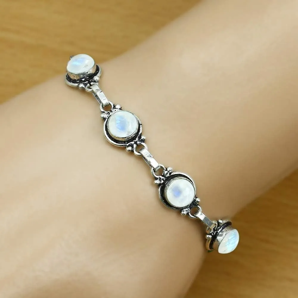 Round Shape Natural & Synthetic Gemstones Silver Plated Bracelets for Women - Vintage Bohemian Style Handmade Birthstone Adjustable Link Bracelet Jewelry Gifts for Wedding Anniversary Mother's Day