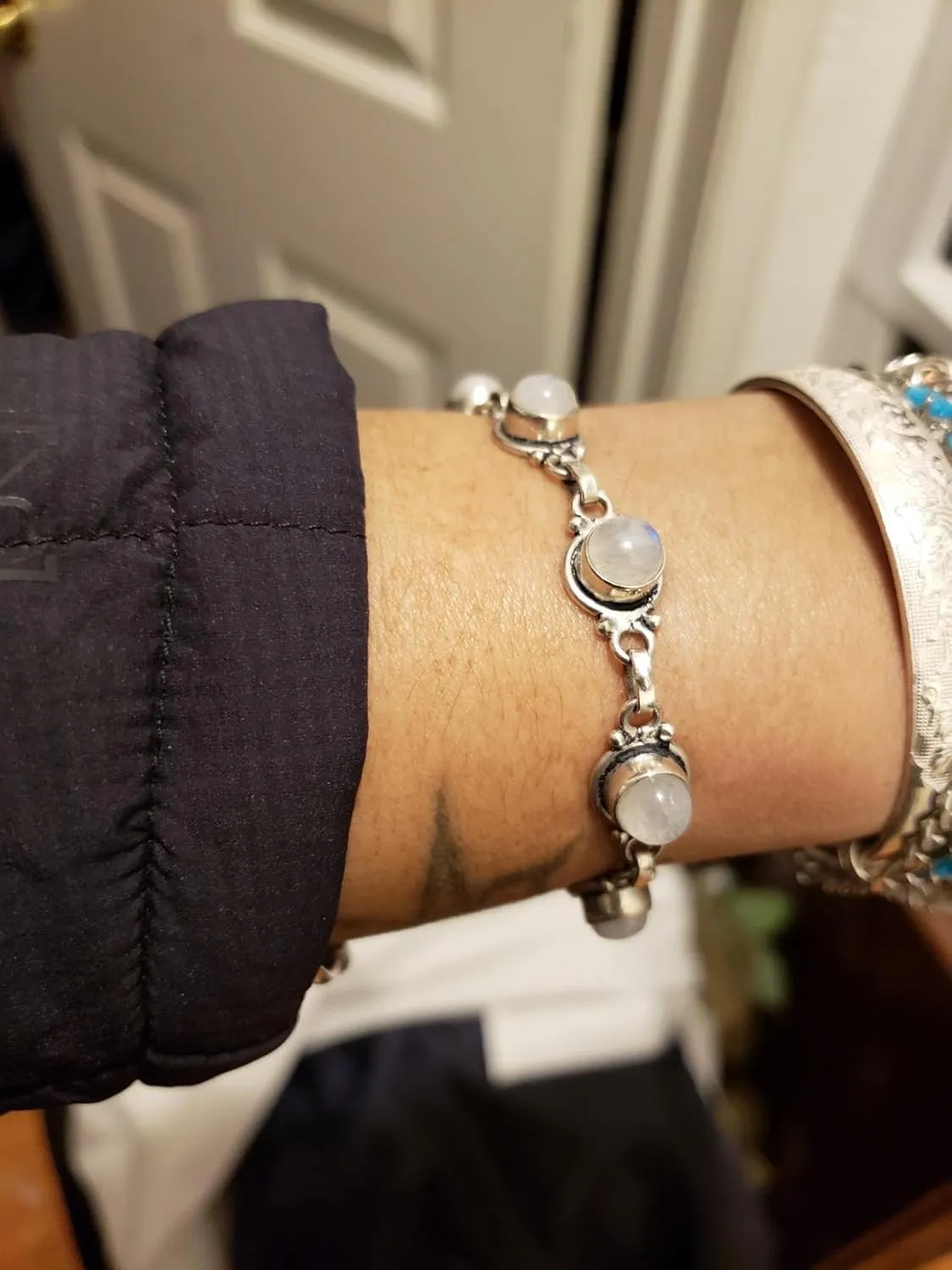 Round Shape Natural & Synthetic Gemstones Silver Plated Bracelets for Women - Vintage Bohemian Style Handmade Birthstone Adjustable Link Bracelet Jewelry Gifts for Wedding Anniversary Mother's Day