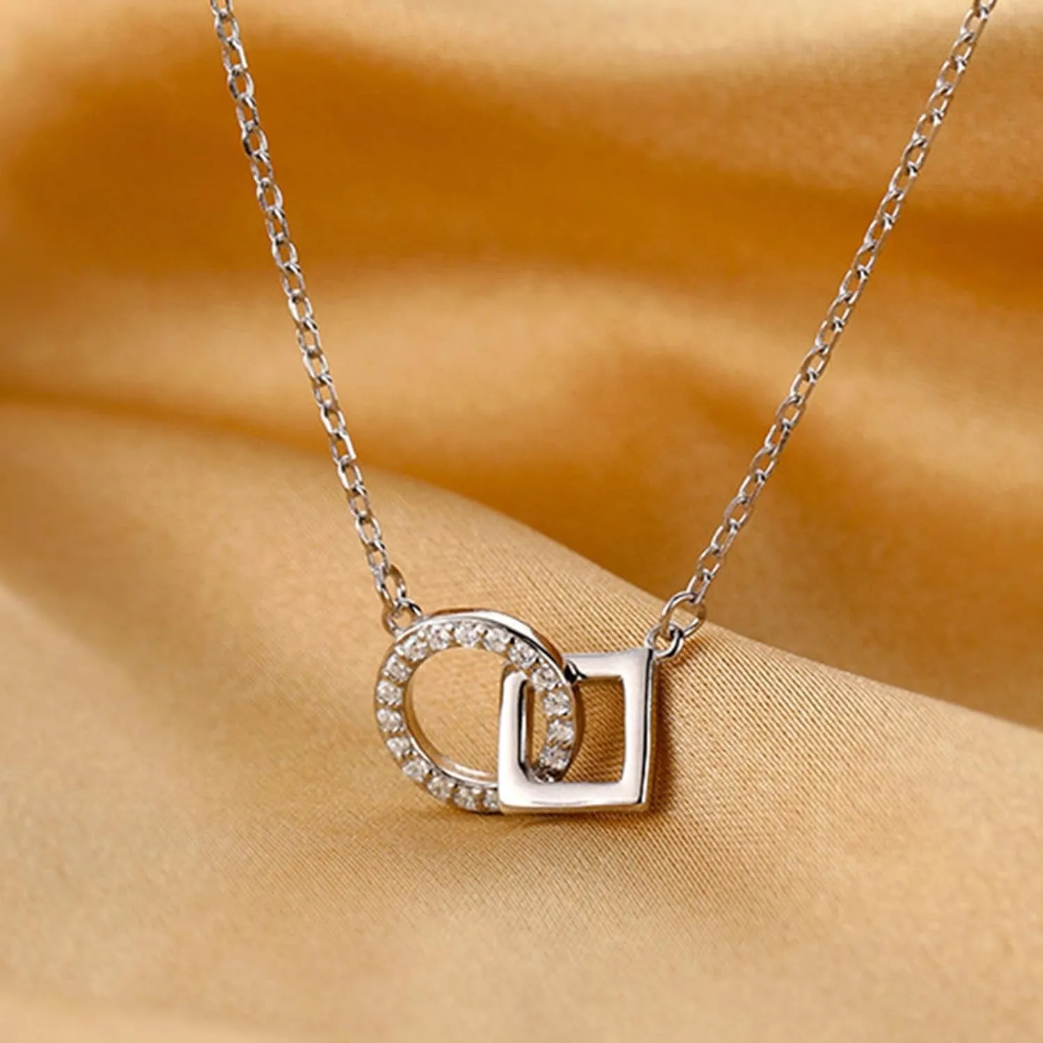 Round Square Interlocking Necklace Shiny Cubic Zirconia Circle Pendant Necklace Silver Geometry Round Square Necklace Chain Jewelry Gifts for Women Teen Girls