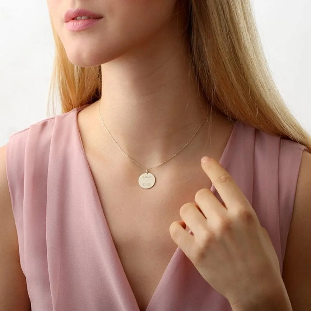 Round Stainless Steel Pendant Necklace with Custom Engraved Names and Date Personalized Text Included with Chain Gift for Lover
