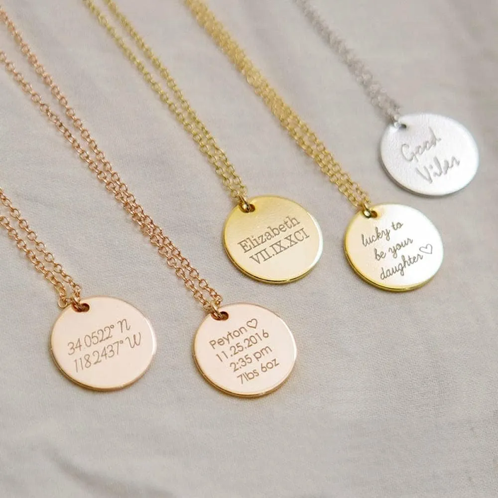 Round Stainless Steel Pendant Necklace with Custom Engraved Names and Date Personalized Text Included with Chain Gift for Lover