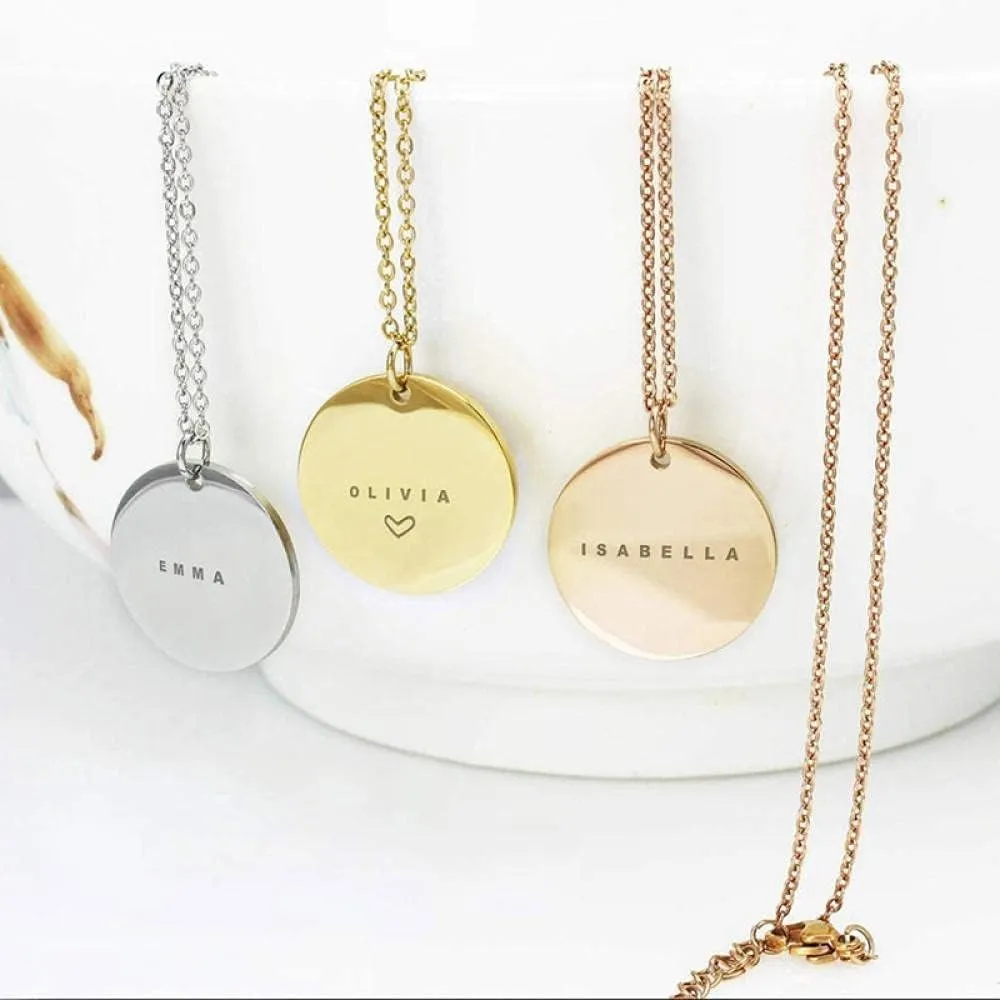 Round Stainless Steel Pendant Necklace with Custom Engraved Names and Date Personalized Text Included with Chain Gift for Lover