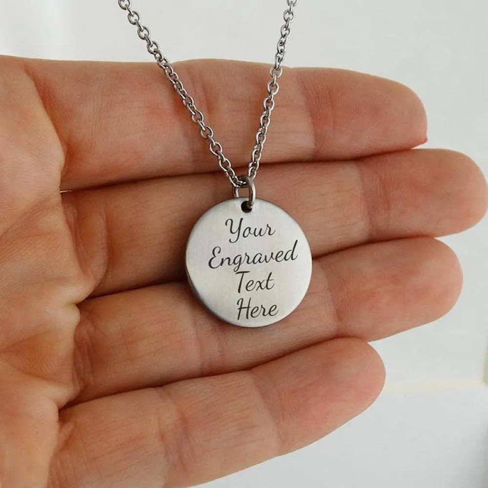 Round Stainless Steel Pendant Necklace with Custom Engraved Names and Date Personalized Text Included with Chain Gift for Lover