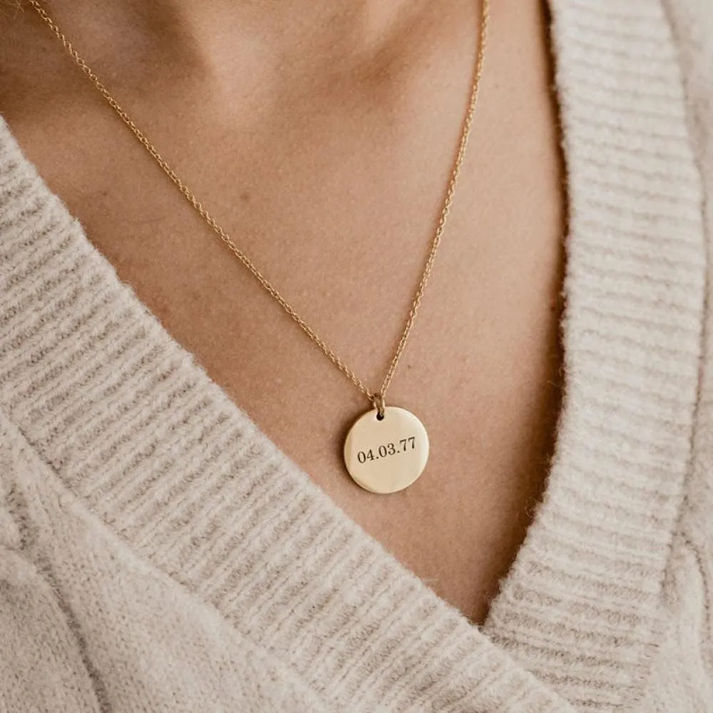 Round Stainless Steel Pendant Necklace with Custom Engraved Names and Date Personalized Text Included with Chain Gift for Lover