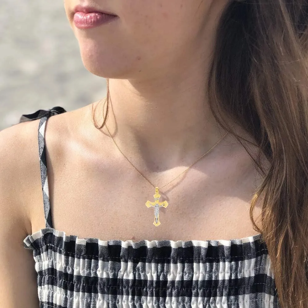 RP 14K Two Tone Solid Yellow and White Gold INRI Crucifix Fancy Design Polished Budded Cross Religious Pendant Charm Necklaces; Fine Jewelry Gifts for Women and Men