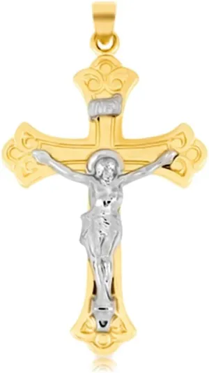 RP 14K Two Tone Solid Yellow and White Gold INRI Crucifix Fancy Design Polished Budded Cross Religious Pendant Charm Necklaces; Fine Jewelry Gifts for Women and Men