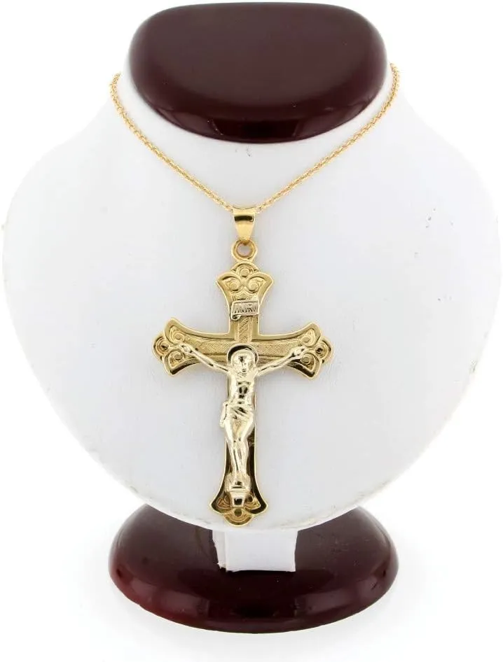 RP 14K Two Tone Solid Yellow and White Gold INRI Crucifix Fancy Design Polished Budded Cross Religious Pendant Charm Necklaces; Fine Jewelry Gifts for Women and Men