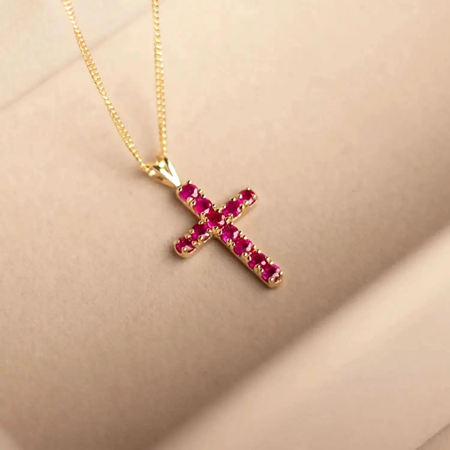 Ruby Cross Necklace in Solid Gold