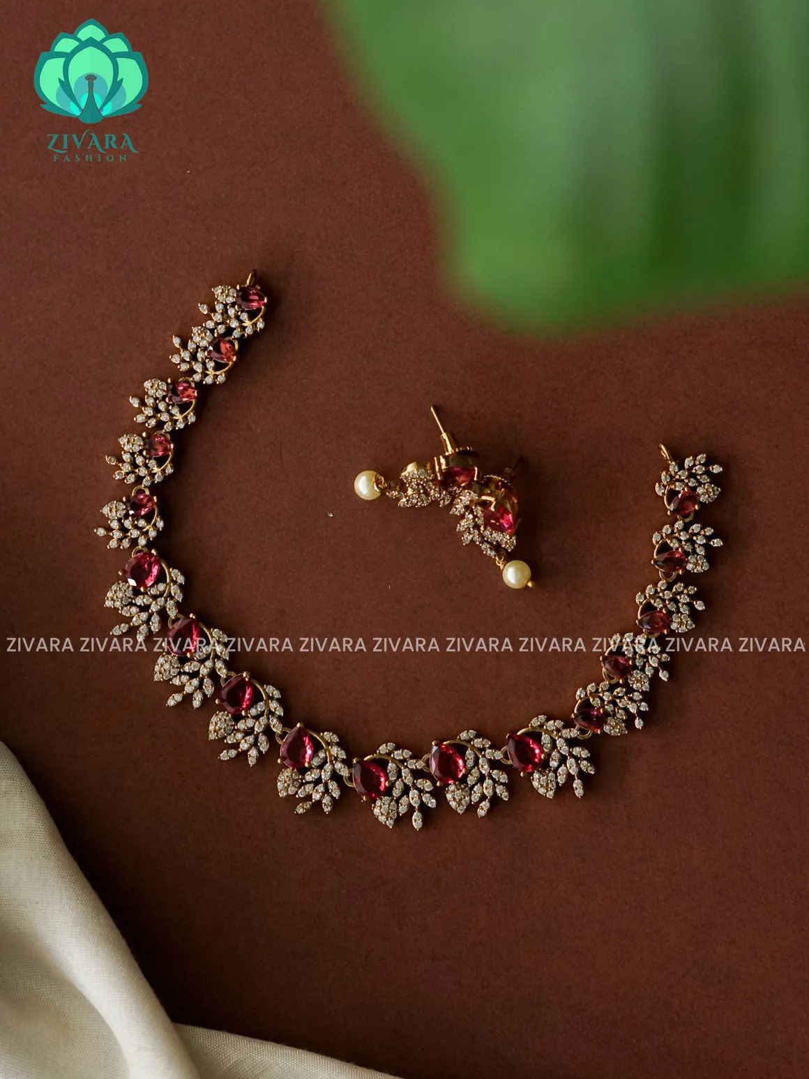 RUBY - TEAR AND LEAF CLUSTER- SUBTLE GOLD POLISH stylish and minimal elegant neckwear with earrings- Zivara Fashion
