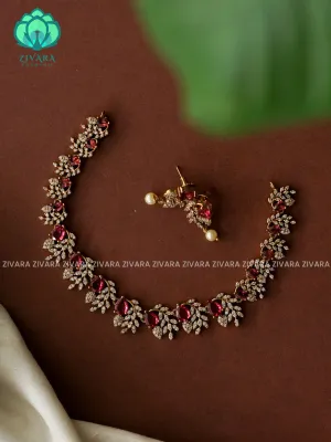 RUBY - TEAR AND LEAF CLUSTER- SUBTLE GOLD POLISH stylish and minimal elegant neckwear with earrings- Zivara Fashion