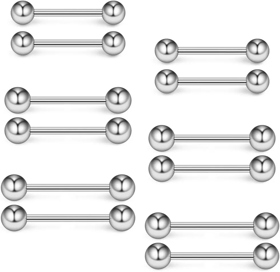 Ruifan 16G 14G Surgical Steel Shiny Ball Nipple Tongue Shield Ring Barbell Body Piercing Jewelry Retainer 12-16mm 12PCS