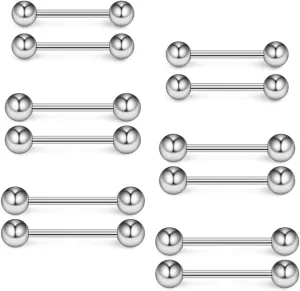 Ruifan 16G 14G Surgical Steel Shiny Ball Nipple Tongue Shield Ring Barbell Body Piercing Jewelry Retainer 12-16mm 12PCS