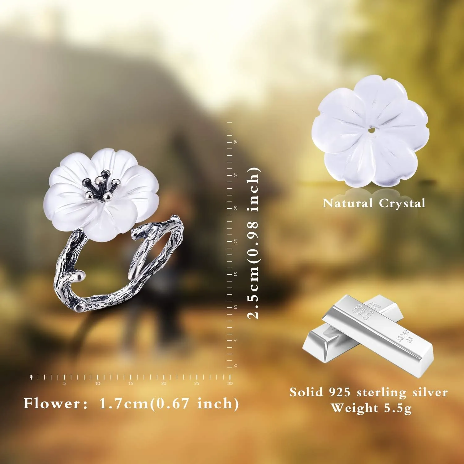 S925 Sterling Silver Ring Flower in the Rain Open Simulated Crystal Ring Handmade Jewelry Unique Gifts for Women