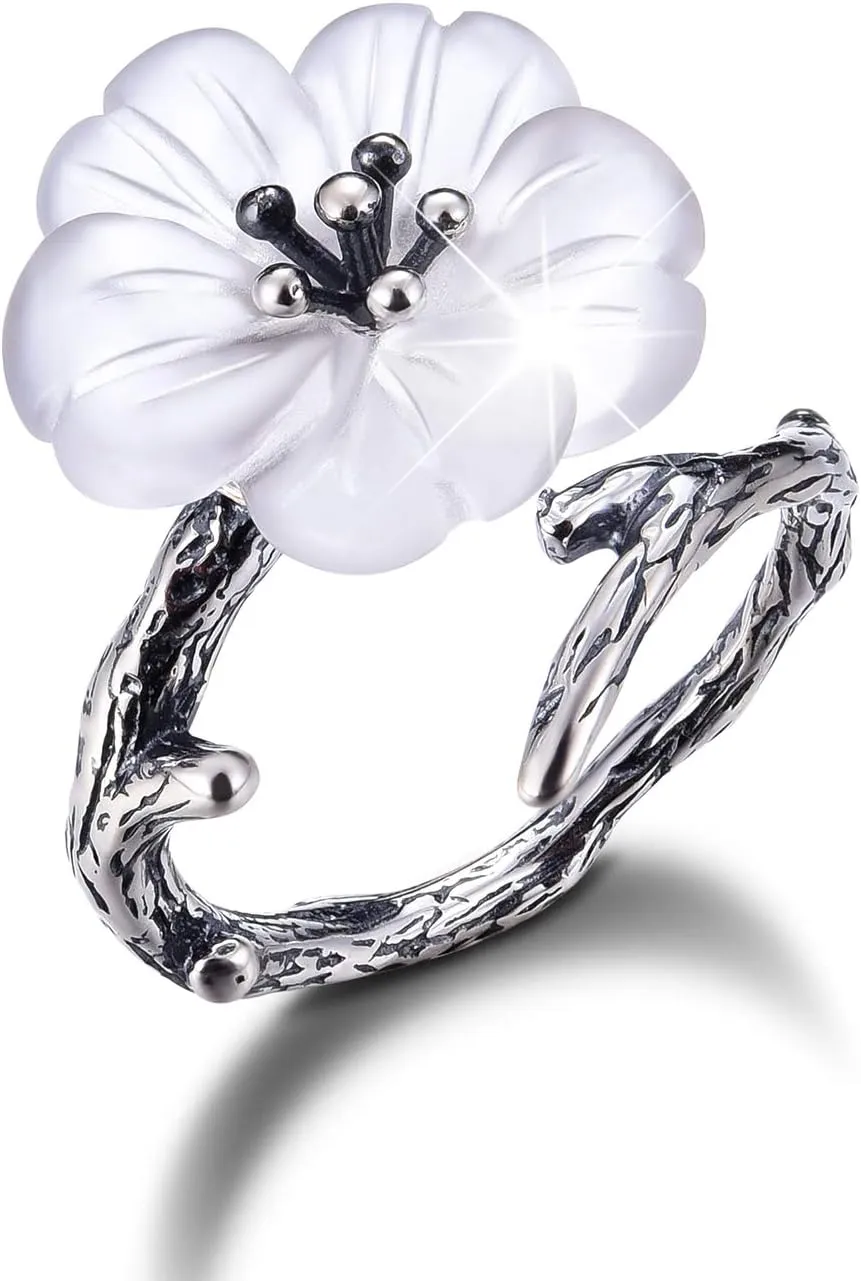 S925 Sterling Silver Ring Flower in the Rain Open Simulated Crystal Ring Handmade Jewelry Unique Gifts for Women
