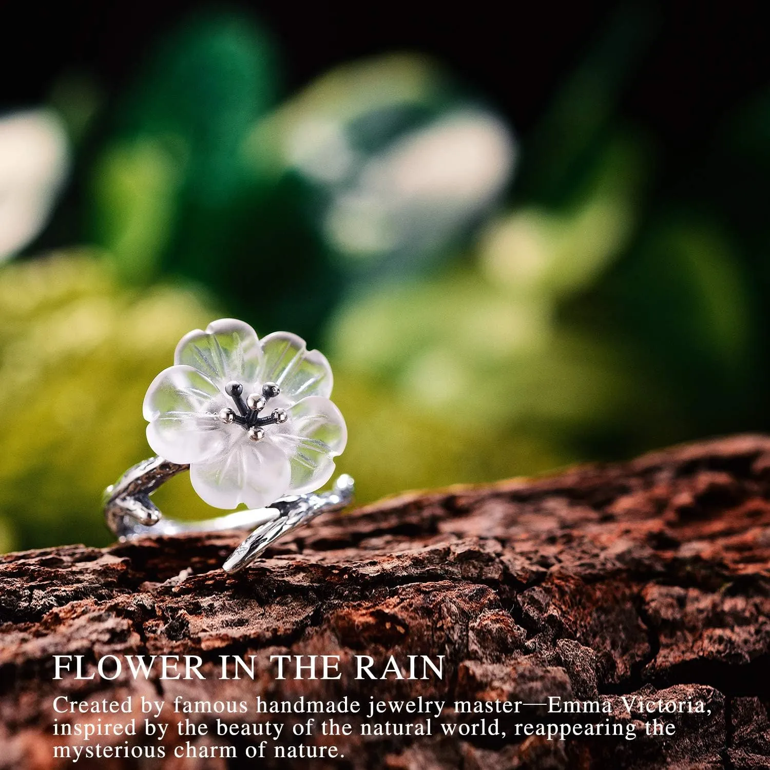 S925 Sterling Silver Ring Flower in the Rain Open Simulated Crystal Ring Handmade Jewelry Unique Gifts for Women