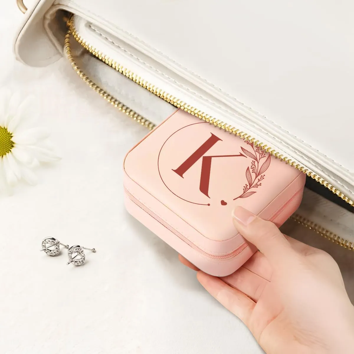 SANDJEST Personalized Jewelry Box, Pink Small Travel Jewelry Box with Initial K, Monogrammed Jewelry Case Organizer for Girls Women Teen, Mini Travel Essentials Gifts for Christmas Birthday