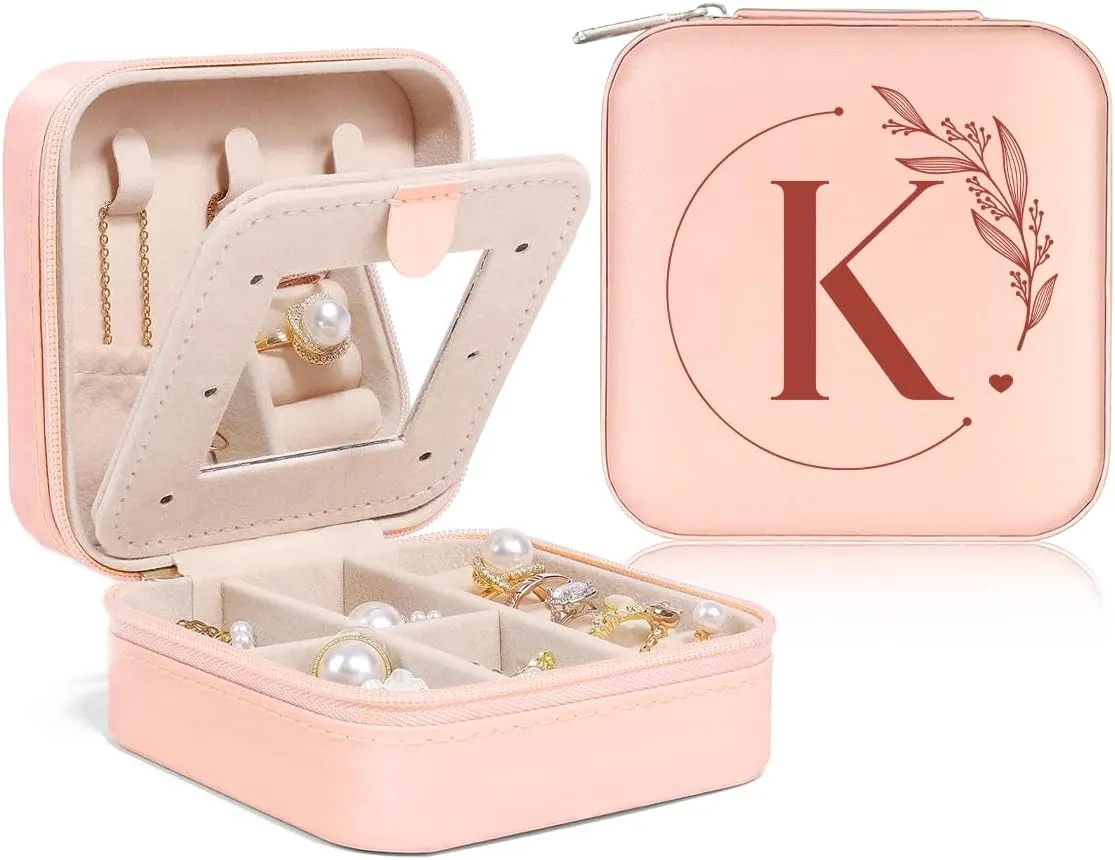 SANDJEST Personalized Jewelry Box, Pink Small Travel Jewelry Box with Initial K, Monogrammed Jewelry Case Organizer for Girls Women Teen, Mini Travel Essentials Gifts for Christmas Birthday