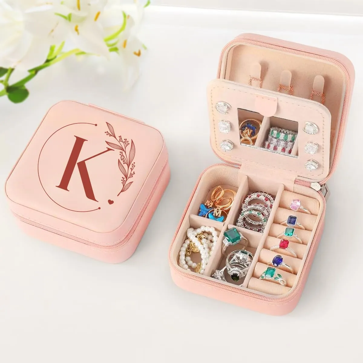SANDJEST Personalized Jewelry Box, Pink Small Travel Jewelry Box with Initial K, Monogrammed Jewelry Case Organizer for Girls Women Teen, Mini Travel Essentials Gifts for Christmas Birthday