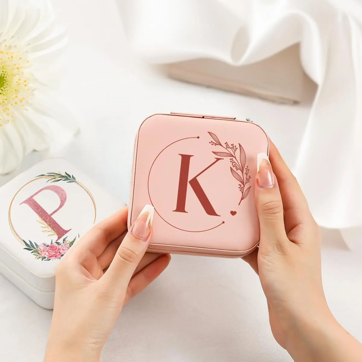 SANDJEST Personalized Jewelry Box, Pink Small Travel Jewelry Box with Initial K, Monogrammed Jewelry Case Organizer for Girls Women Teen, Mini Travel Essentials Gifts for Christmas Birthday
