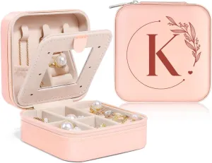 SANDJEST Personalized Jewelry Box, Pink Small Travel Jewelry Box with Initial K, Monogrammed Jewelry Case Organizer for Girls Women Teen, Mini Travel Essentials Gifts for Christmas Birthday