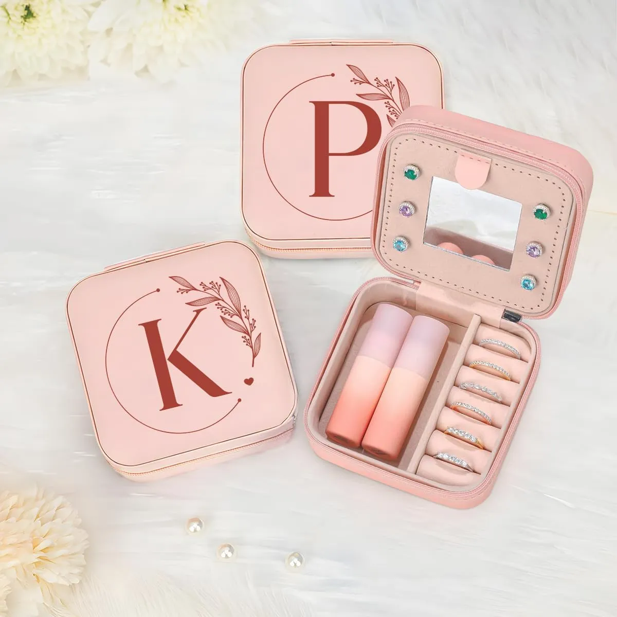 SANDJEST Personalized Jewelry Box, Pink Small Travel Jewelry Box with Initial K, Monogrammed Jewelry Case Organizer for Girls Women Teen, Mini Travel Essentials Gifts for Christmas Birthday